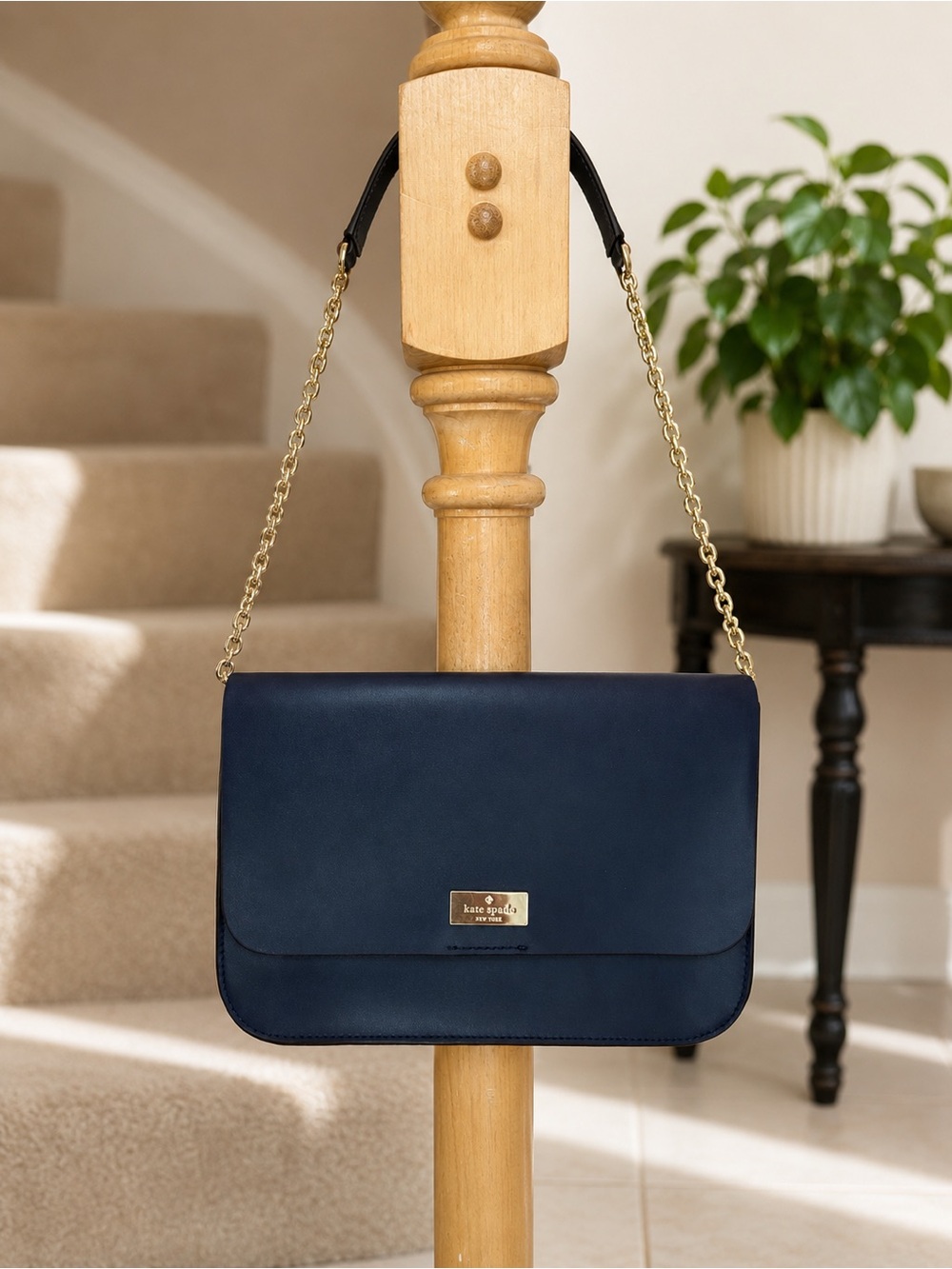 kate spade navy leather shoulder bag with gold chain